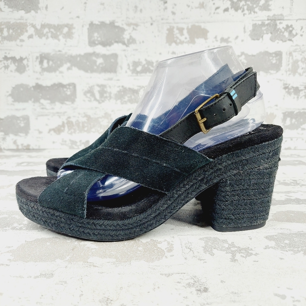 New Toms Ibiza Black Suede Leather Block Heel Sling Back Sandals Shoes A403